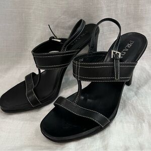 Prada black leather sling back high heels sandals